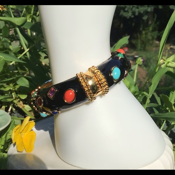 Kenneth J. Lane Jeweled Black & Gold Enamel Bangle Bracelet Multi - Picture 4 of 11